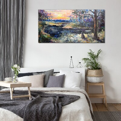 Sunset over the lake Glass Wall Art