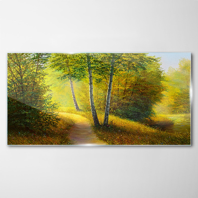 Painting tree forest path Glass Wall Art