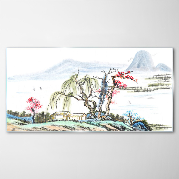 A peaceful landscape with trees and a house Glass Wall Art