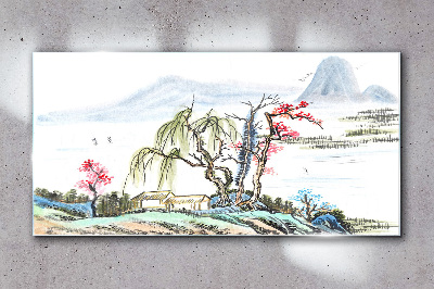 A peaceful landscape with trees and a house Glass Wall Art