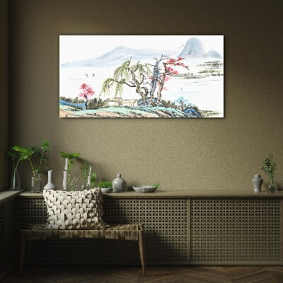 A peaceful landscape with trees and a house Glass Wall Art