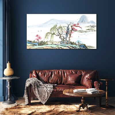 A peaceful landscape with trees and a house Glass Wall Art