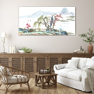 A peaceful landscape with trees and a house Glass Wall Art
