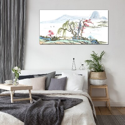 A peaceful landscape with trees and a house Glass Wall Art