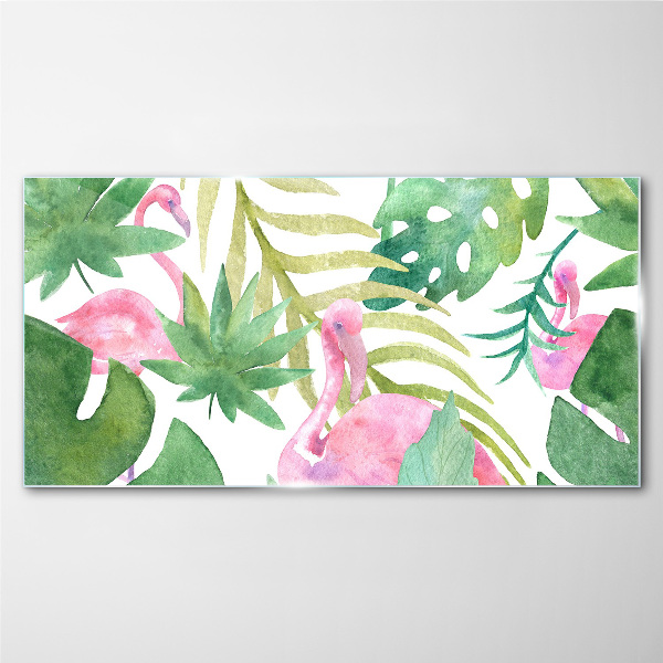 Happy flamingos in the tropical jungle Glass Wall Art