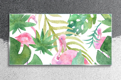 Happy flamingos in the tropical jungle Glass Wall Art