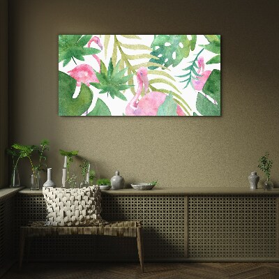 Happy flamingos in the tropical jungle Glass Wall Art