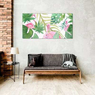 Happy flamingos in the tropical jungle Glass Wall Art