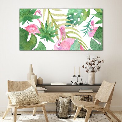 Happy flamingos in the tropical jungle Glass Wall Art