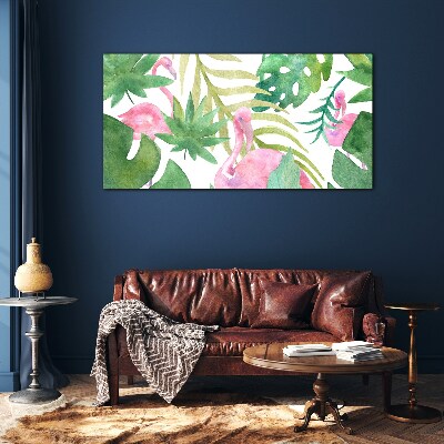 Happy flamingos in the tropical jungle Glass Wall Art