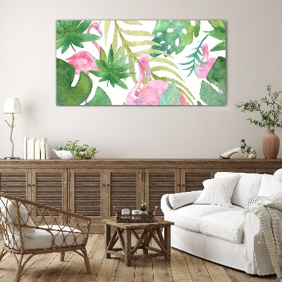 Happy flamingos in the tropical jungle Glass Wall Art