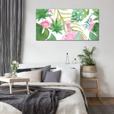 Happy flamingos in the tropical jungle Glass Wall Art