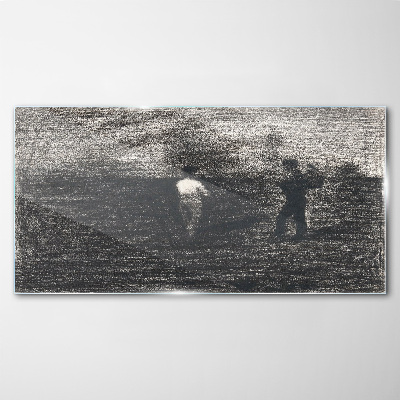 Misty figures against the landscape background Glass Wall Art
