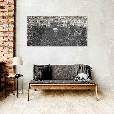 Misty figures against the landscape background Glass Wall Art