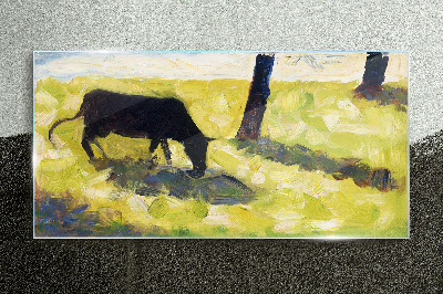 Black cow in the meadow seurat Glass Wall Art