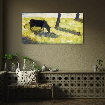Black cow in the meadow seurat Glass Wall Art