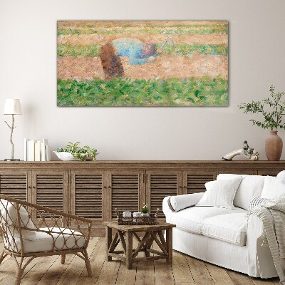 Farmer working in the field Glass Wall Art