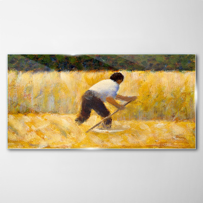 Worker in a grain field Glass Wall Art