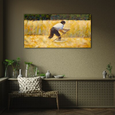 Worker in a grain field Glass Wall Art