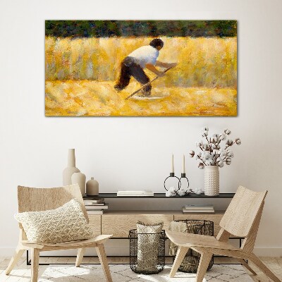 Worker in a grain field Glass Wall Art