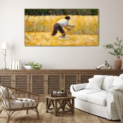 Worker in a grain field Glass Wall Art