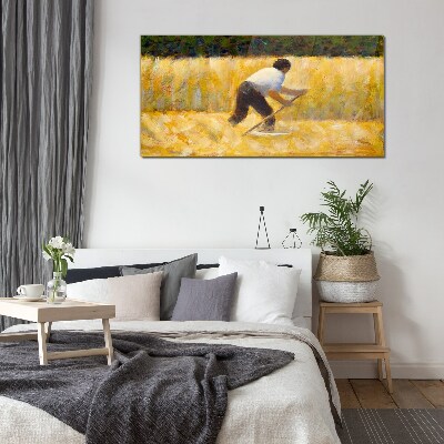 Worker in a grain field Glass Wall Art