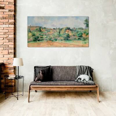 Country landscape in pastel colors Glass Wall Art