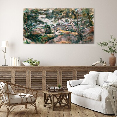 A stony landscape among trees Glass Wall Art