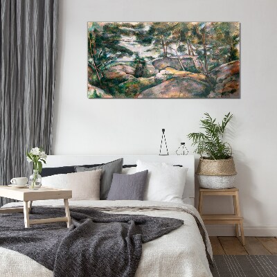 A stony landscape among trees Glass Wall Art