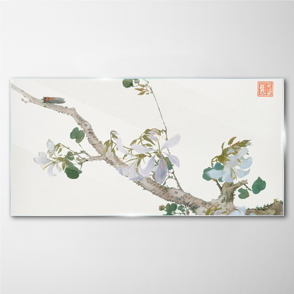 Flower branch with cicada Glass Wall Art