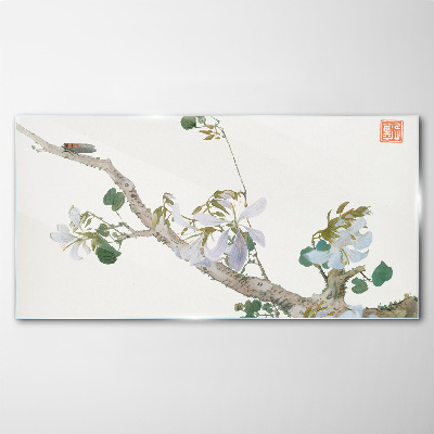 Flower branch with cicada Glass Wall Art