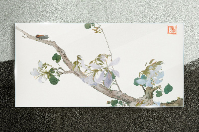 Flower branch with cicada Glass Wall Art