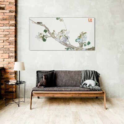 Flower branch with cicada Glass Wall Art