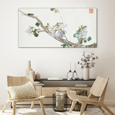 Flower branch with cicada Glass Wall Art