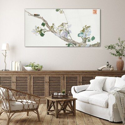 Flower branch with cicada Glass Wall Art