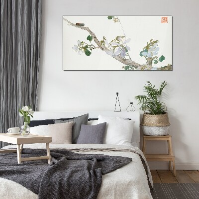Flower branch with cicada Glass Wall Art