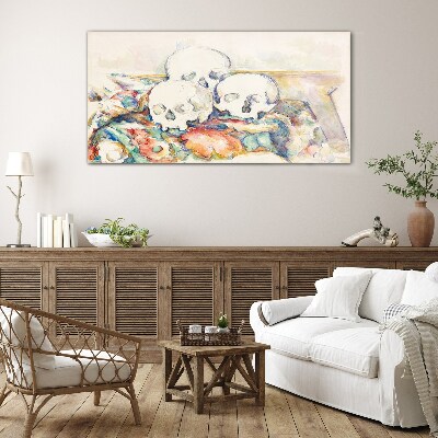 Still life of three skulls Glass Wall Art