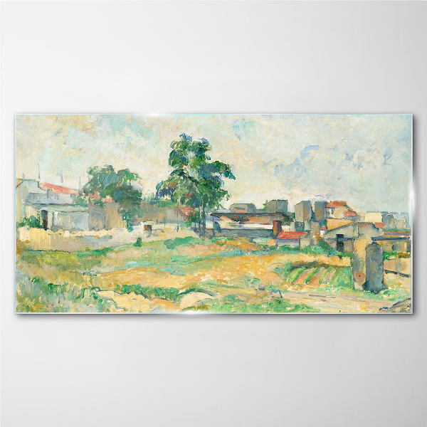 Landscape with a tree and buildings Glass Wall Art