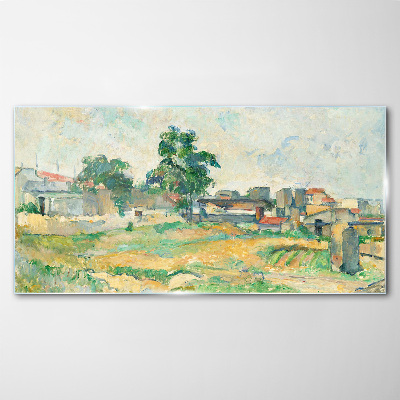 Landscape with a tree and buildings Glass Wall Art