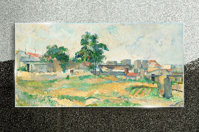Landscape with a tree and buildings Glass Wall Art