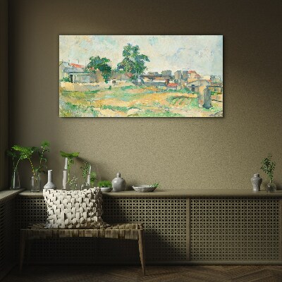Landscape with a tree and buildings Glass Wall Art