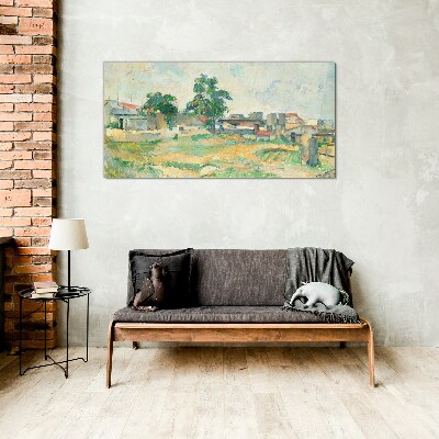 Landscape with a tree and buildings Glass Wall Art