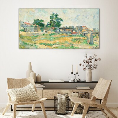 Landscape with a tree and buildings Glass Wall Art