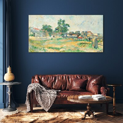 Landscape with a tree and buildings Glass Wall Art
