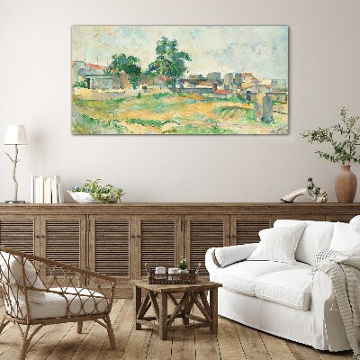 Landscape with a tree and buildings Glass Wall Art
