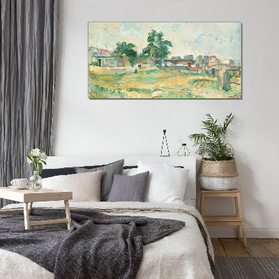 Landscape with a tree and buildings Glass Wall Art