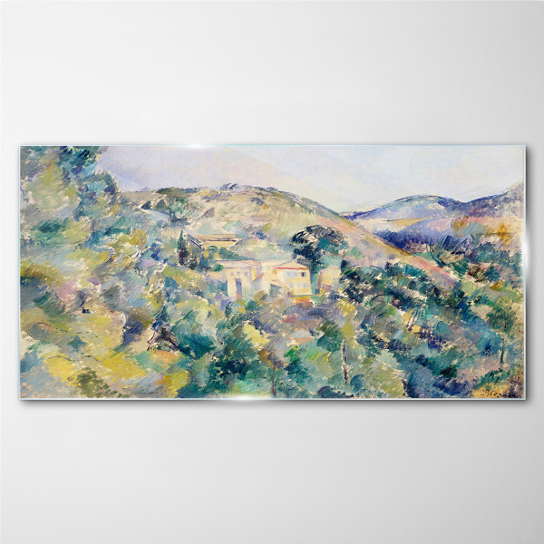 Landscape with houses among the trees Glass Wall Art