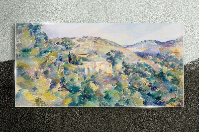 Landscape with houses among the trees Glass Wall Art