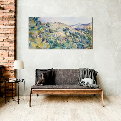 Landscape with houses among the trees Glass Wall Art