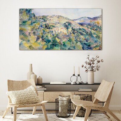 Landscape with houses among the trees Glass Wall Art